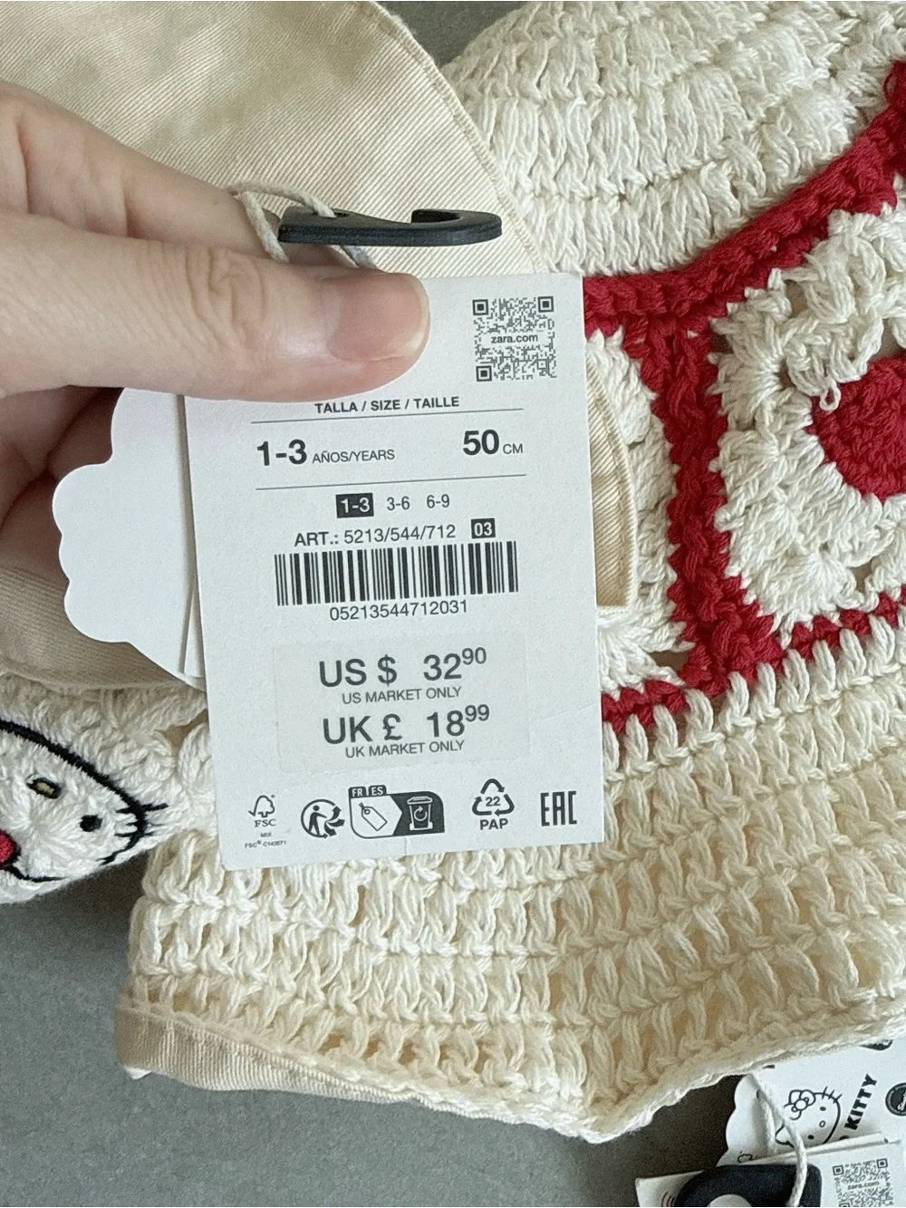 NWT Zara X Hello Kitty Sanrio Crochet bucket Hat